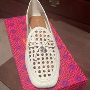 Tory Burch Ivory Loafers with Bow Detail